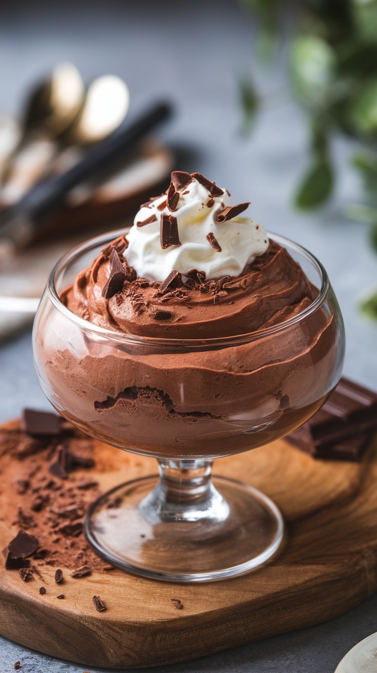 Decadent chocolate mousse topped with whipped cream and chocolate shavings in a glass dish.